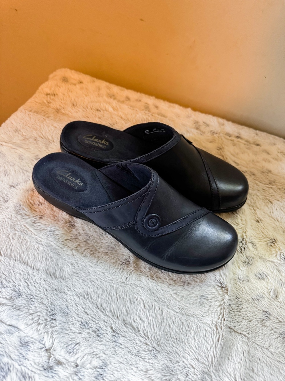 Clark’s Leather Slip-On Mule Clogs with Button Detail Blue